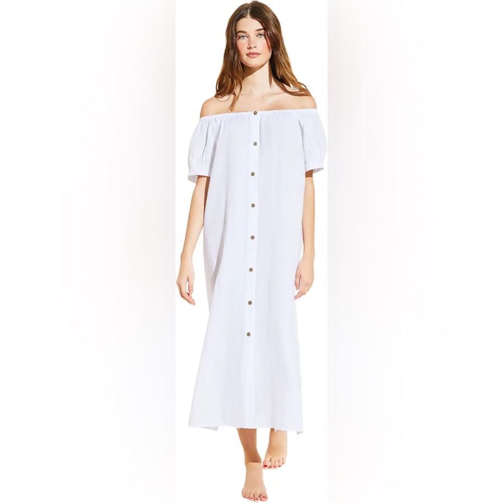 Eberjey Women's XS White Linen Solid Harper Dress 100% Linen‎ Button NWT Flawed